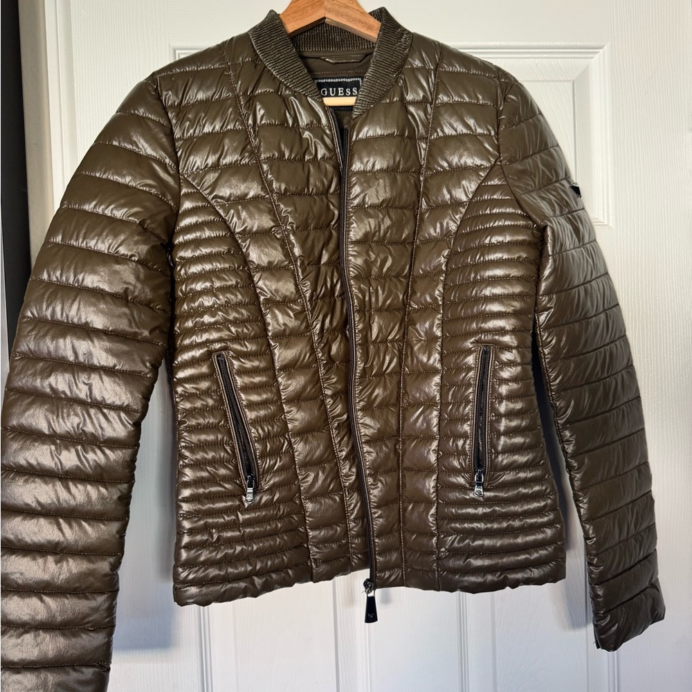 Guess Green Quilted Puffer Jacket uwith Stand-Up Collar